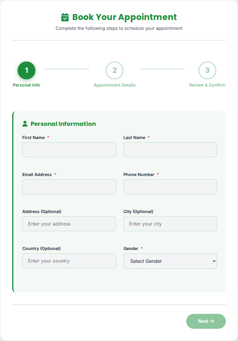 Step 1 of the booking wizard, empty personal information form