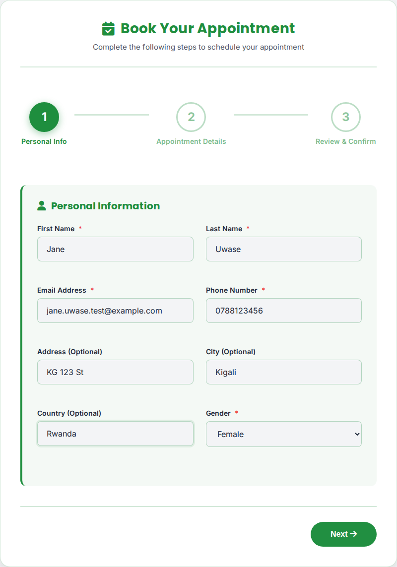 Step 1 filled in with a sample patient's personal information