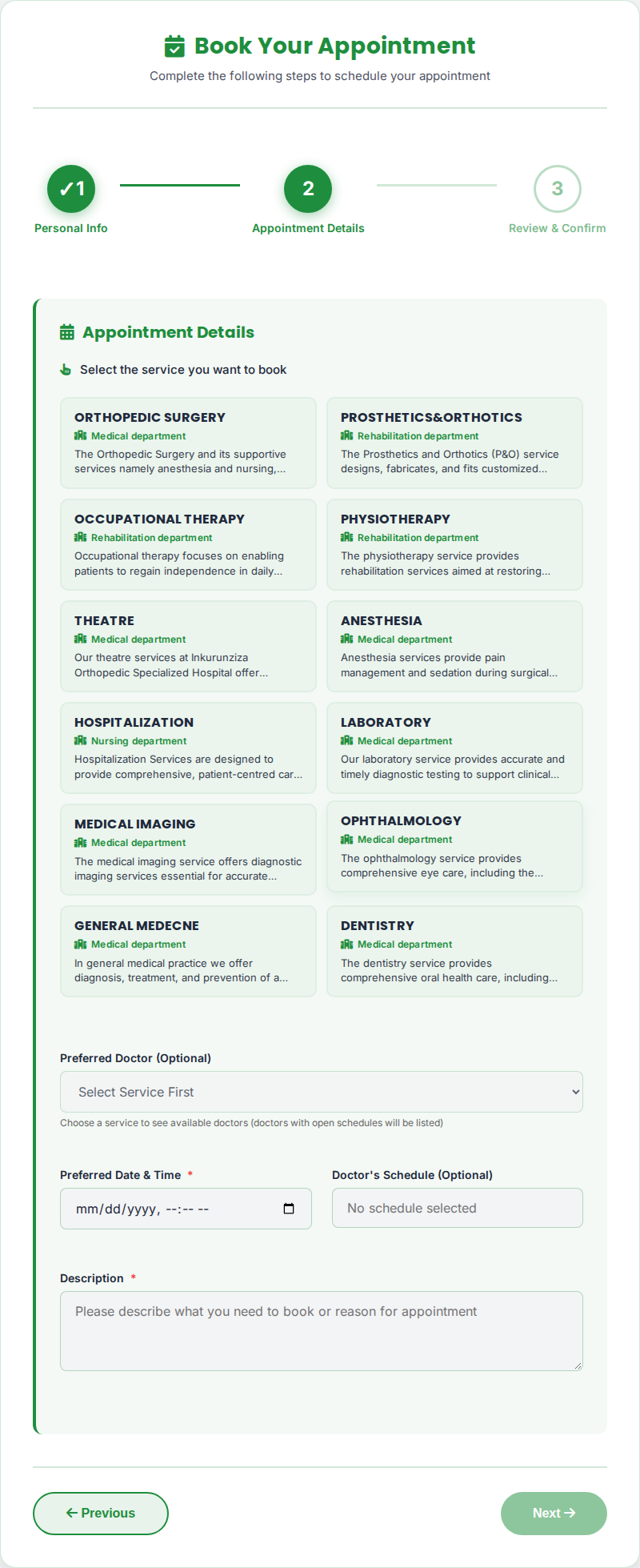 Step 2 showing the grid of bookable services before one is selected