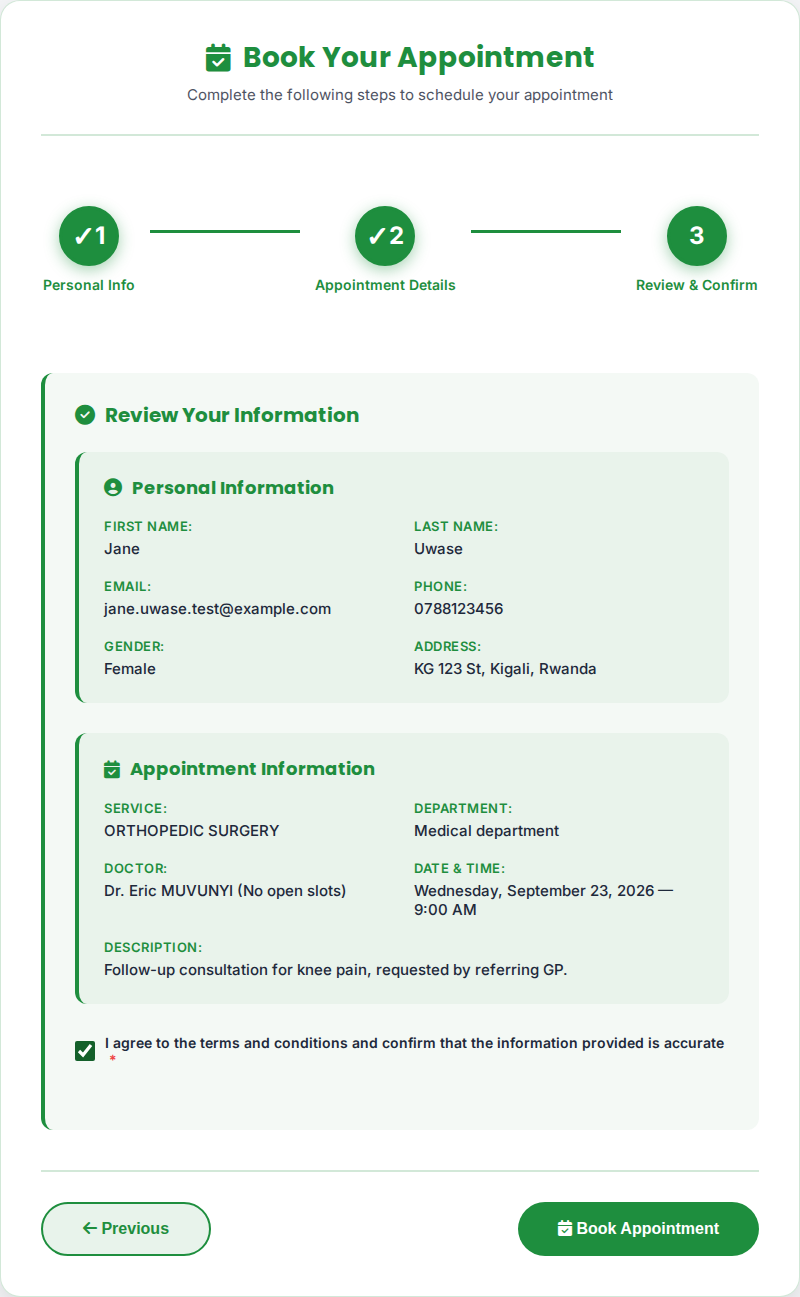 Review screen with terms checkbox ticked and Book Appointment button active